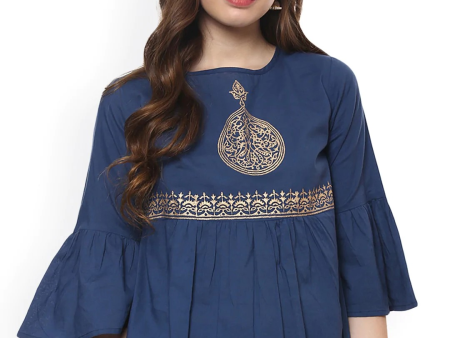 Wahe-NOOR Women s Blue Printed A-Line Top For Cheap