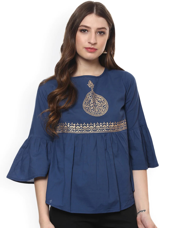 Wahe-NOOR Women s Blue Printed A-Line Top For Cheap