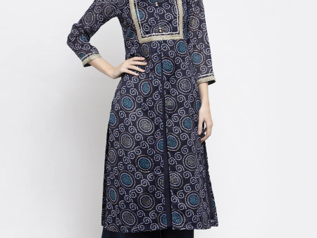 Wahe-NOOR Women s Blue Printed Kurti With Palazzos Online now