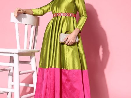 Lyush Women s Green Contrast Border Anarkali Maxi Dress Hot on Sale