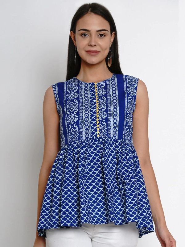 Wahe-NOOR Women s Blue Printed Peplum Top For Discount