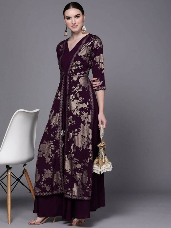 Ahalyaa Women Burgundy Floral Fit & Flare Maxi Ethnic Dress Sale