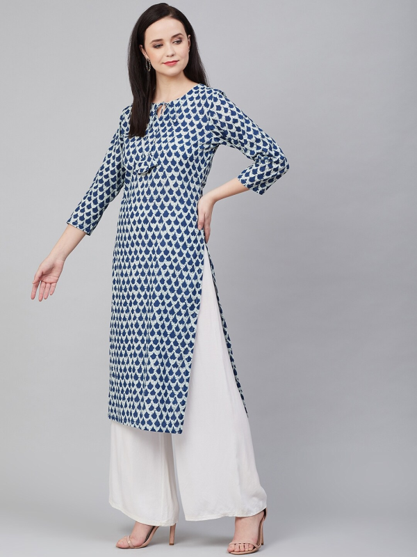 Wahe-NOOR Women s Blue Printed Straight Kurta 1 For Sale