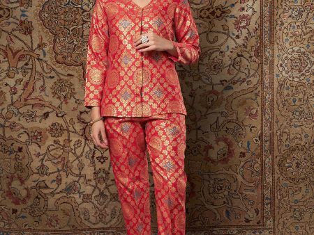 Lyush Women s Red Large Indian Motif Brocade Top Hot on Sale