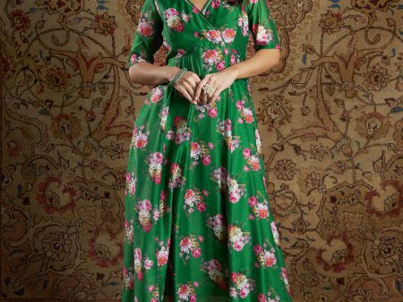 Lyush Women s Green Chanderi Floral Anarkali Dress on Sale