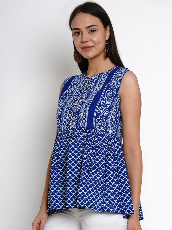 Wahe-NOOR Women s Blue Printed Peplum Top For Discount