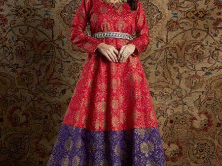 Lyush Women s Red & Purple Brocade Floral Anarkali Maxi Dress Online Hot Sale