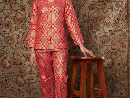 Lyush Women s Red Large Indian Motif Brocade Shirt With Pants Online