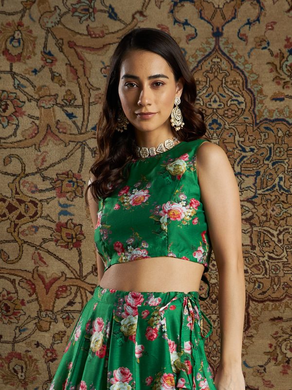 Lyush Women s Green Chanderi Floral Back Bow Tie Crop Top Sale