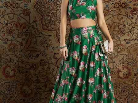 Lyush Women s Green Chanderi Floral Back Bow Tie Crop Top Sale