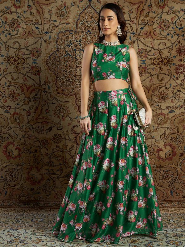 Lyush Women s Green Chanderi Floral Back Bow Tie Crop Top Sale