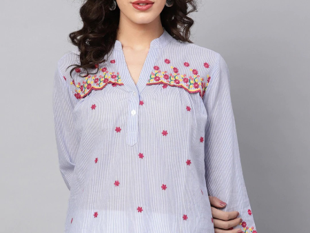 Wahe-NOOR Women s Blue & White Striped Shirt Style Top Online Hot Sale