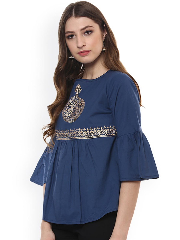 Wahe-NOOR Women s Blue Printed A-Line Top For Cheap