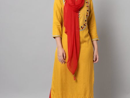 NOZ2TOZ Women s Mustard Rayon Embroidered Kurta Trouser Set With Dupatta on Sale