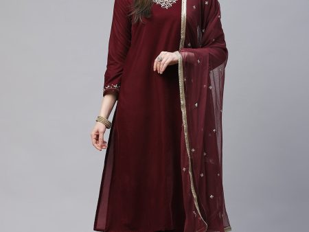 NOZ2TOZ Women s Maroon Velvet Hand Work Kurta Pant With Net Dupatta Set For Cheap