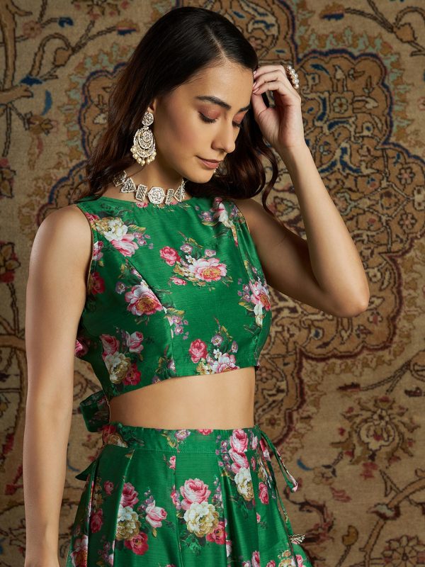 Lyush Women s Green Chanderi Floral Back Bow Tie Crop Top Sale