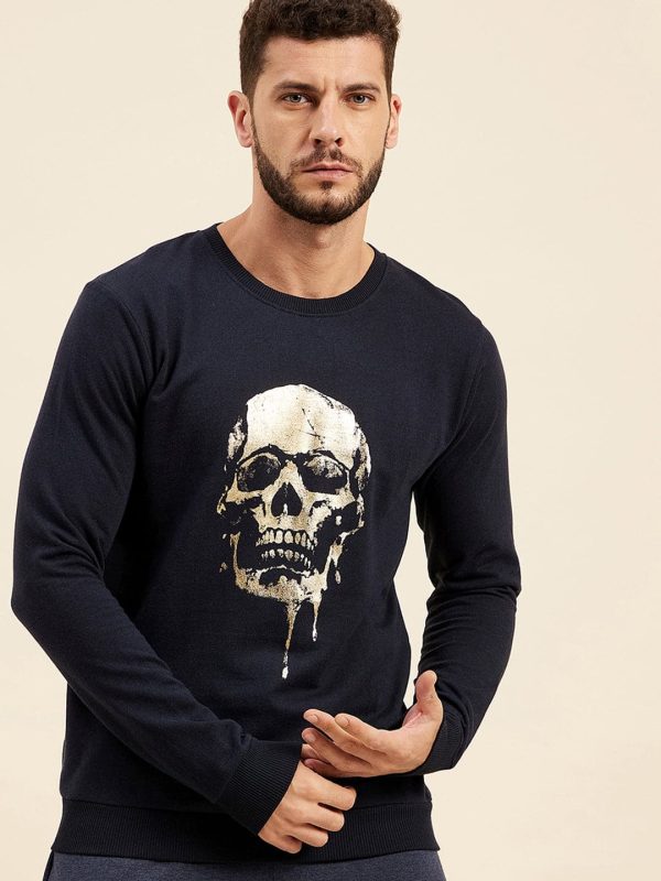 Lyush - Mascln Men s Navy Front Foil Skull Print Sweatshirt Sale