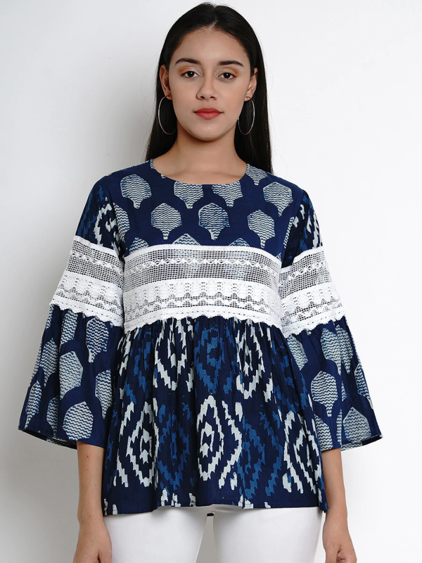 Wahe-NOOR Women s Blue & Off-White Printed Peplum Top Online now