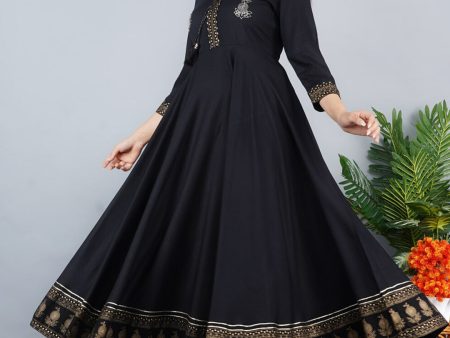 Kalini Women Black & Golden Floral Embroidered Anarkali Kurta Online