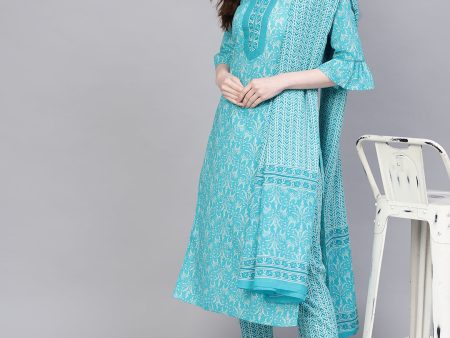 Jaipur Kurti Women Blue & White Printed Kurta with Trousers & Dupatta Online now