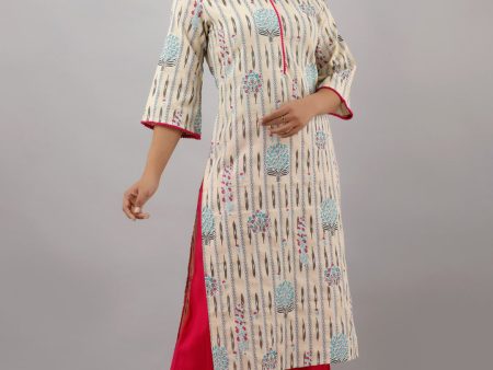 Kalini Women Beige & Blue Ikat Printed Cotton Straight Kurta Online Hot Sale