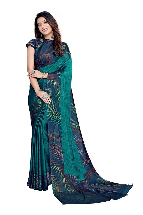 Mirchi Fashion Women s Teal Chiffon Colorful Moire Prints Saree Online Hot Sale