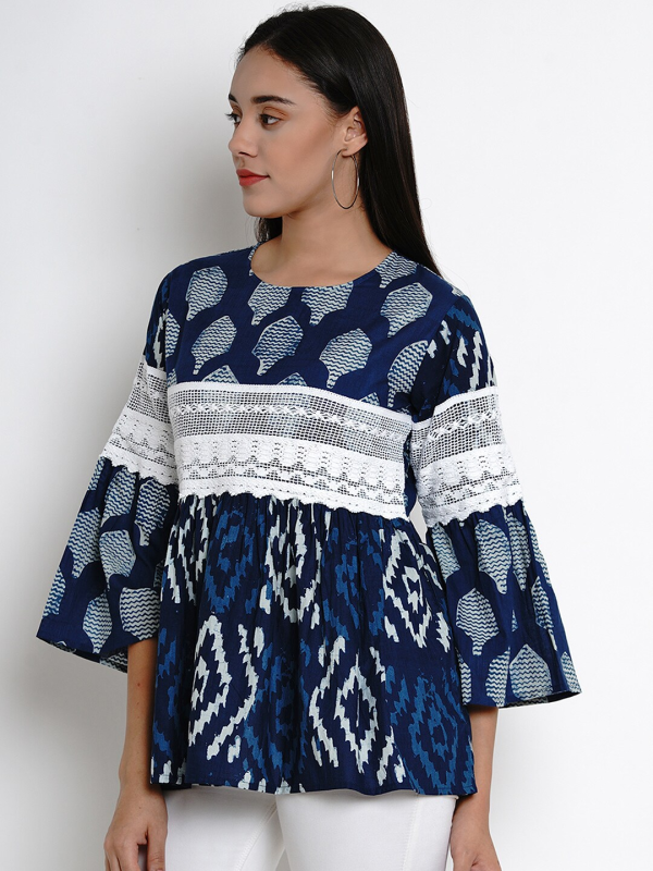 Wahe-NOOR Women s Blue & Off-White Printed Peplum Top Online now